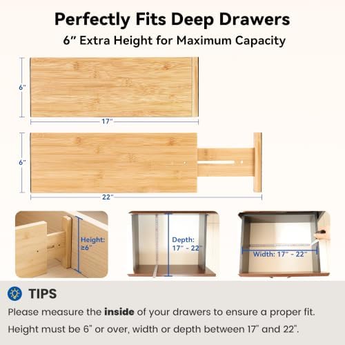 4 Pack 6" Deep Bamboo Drawer Dividers, 17-22" Expandable Kitchen