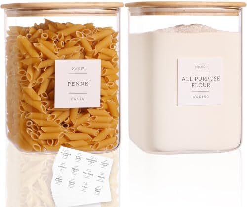 2 Pack Square Glass Flour and Sugar Containers with 132 Kitchen Pantry