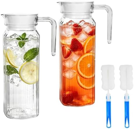 2 Pack Plastic Pitcher with Lid and Handle, Unbreakable Acrylic Juice