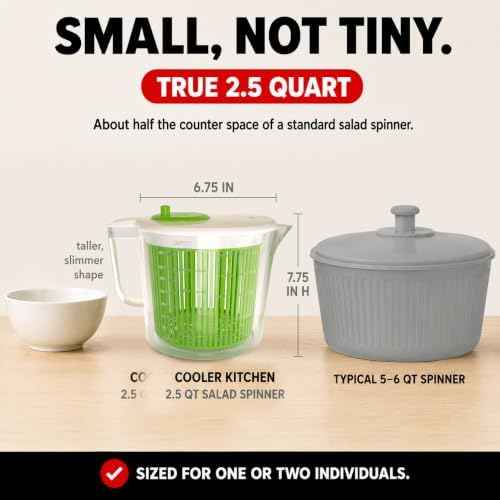 Cooler Kitchen Small Salad Spinner — Mini Lettuce Spinner and Dryer with Measuring Cup Bowl — Compact Veggie & Fruit Washer, Salad Dryer Spinner — Dishwasher Safe, BPA-Free