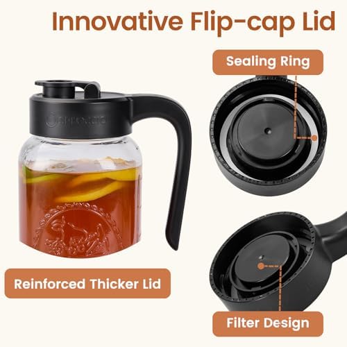 Mason Jar Pitcher with Tea Filter, 64 oz Glass Pitcher with Lid