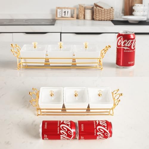 YA JU Ceramic Bowls and with Lid Gold Basket Trays, 3 Removable Small