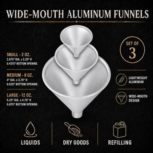 HIC Kitchen Wide-Mouth Aluminum Funnel Set for Liquids and Dry Goods