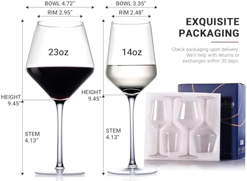Physkoa Wine Glass Set of 4 – 2 Red (23oz) & 2 White (14oz) Hand-Blown