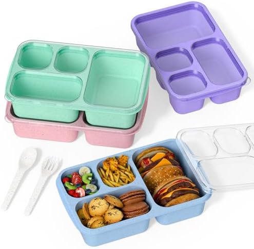 Bento Box 4-Pack 5-Compartment Meal Prep Containers, BPA-Free Plastic