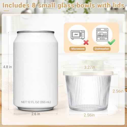 8 Set Small Glass Bowls with White Lids 6.8oz Dessert Pudding Cup