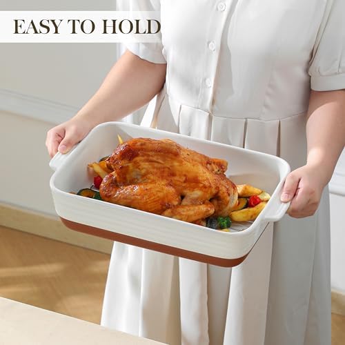 MALACASA Large 9x13 Ceramic Baking Dish with Rack, 4.8 Qt, Khaki &