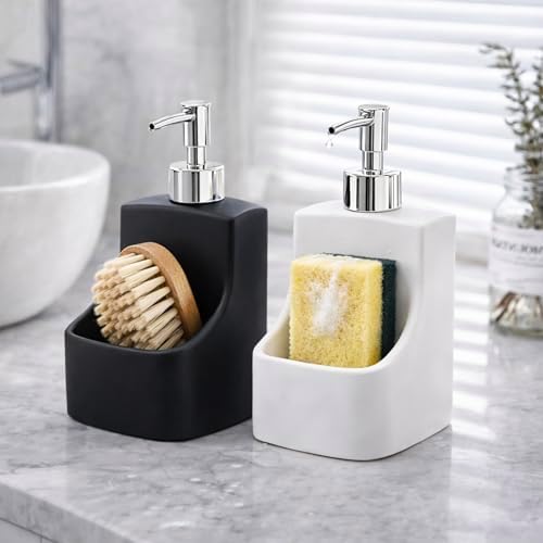 2 in 1 Soap Dispenser with Sponge Holder, Ceramic, Black