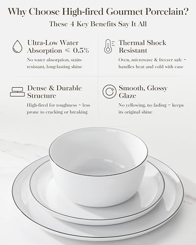 MALACASA 24-Piece Dinnerware Set for 6, White Black-Rim Porcelain