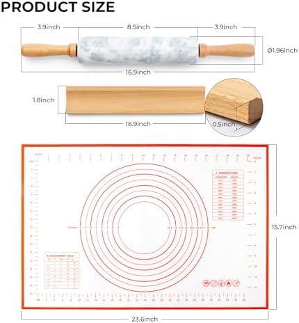 Marble Rolling Pin with Non-Stick Silicone Mat & Wood Base, 16.9-Inch