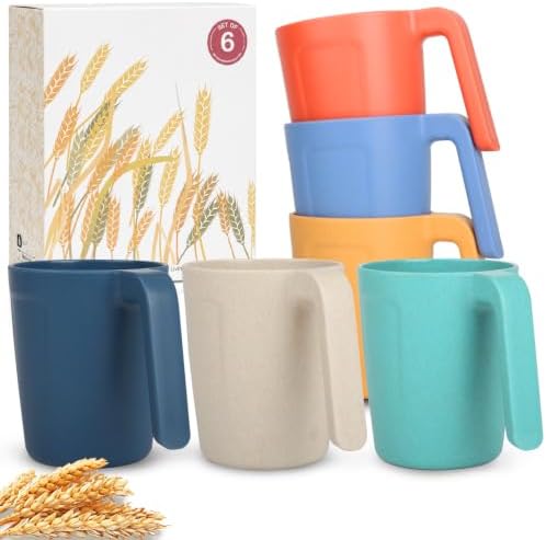 Wrova 16oz Wheat Straw Cups with handles set of 6-Plastic Cups