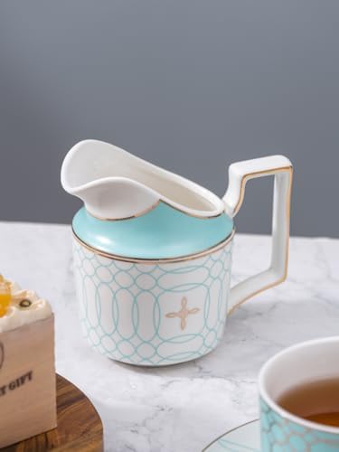 Serve of 4-Blue Teacup Set, with Teapot-Sugar Bowl-Creamer and Holder