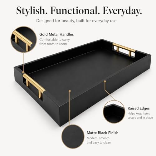 Luxury Black Ottoman Tray with Gold Handles – 12x17 Large Decorative