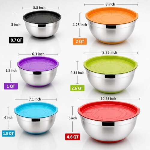 Stainless Steel Mixing Bowl Set Of 6 Multicolor, 0.7/1/1.5/2.5/3/4.6