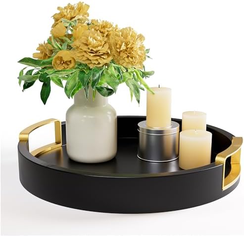 Round Decorative Tray, 12" Wooden Round Black Tray with Gold Metal