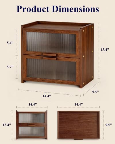 Kitsure Wooden Bread Box for Kitchen Countertop, 2 Layer, Large, Brown