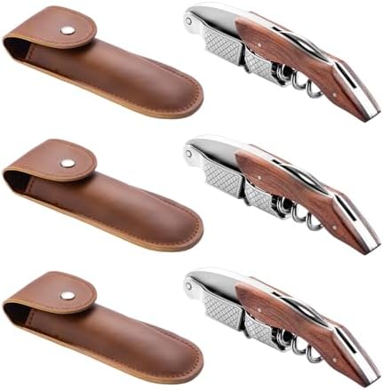 3-Pack Professional Waiter Corkscrew Wine Key with Leather Protection