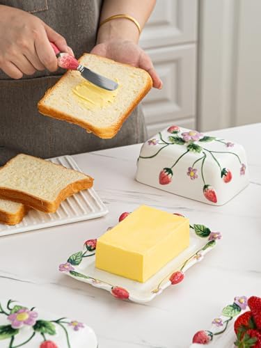 Cottage Strawberry Butter Dish w/ Lid & Knife, Artisanal Handmade
