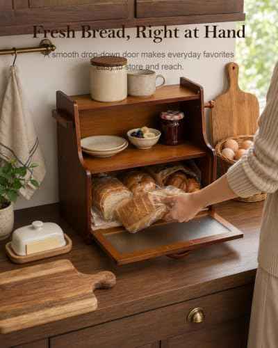 Brown Bread Box for Kitchen Countertop, Wooden Bread Storage Container with Shelf, Coffee Bar Organizer and Bread Keeper for Bread, Bagels and Pantry