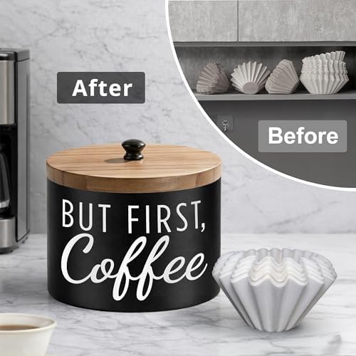 Coffee Filter Holder with Wood Lid, Matte Black Farmhouse Canister