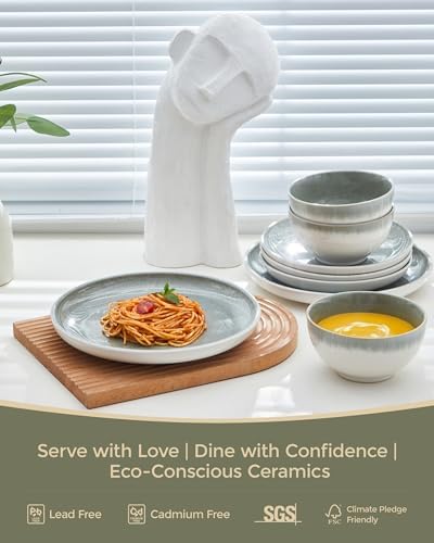Pokini Stoneware Dinnerware Sets for 8, 24pcs Plates and Bowls Sets Dishes