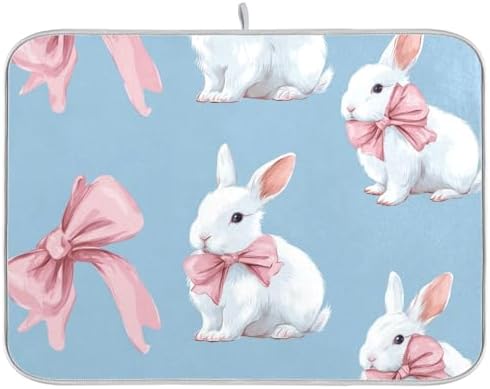 OTVEE White Rabbit Art Dish Drying Mat for Kitchen Counter Absorbent