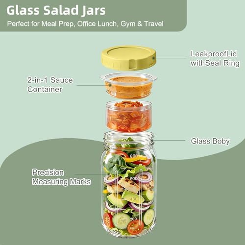 6 Pack Glass Salad Jars with Dressing Cups for Meal Prep, 32oz