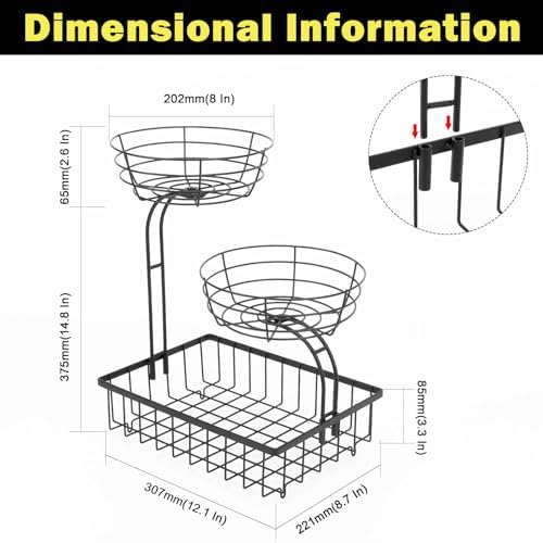 3 Tier Countertop Fruit Vegetable Basket Bowl Storage, Solid Metal Kitchen Counter Organizer for Storing Fruits, Veggies, Bread, Snacks (Black)