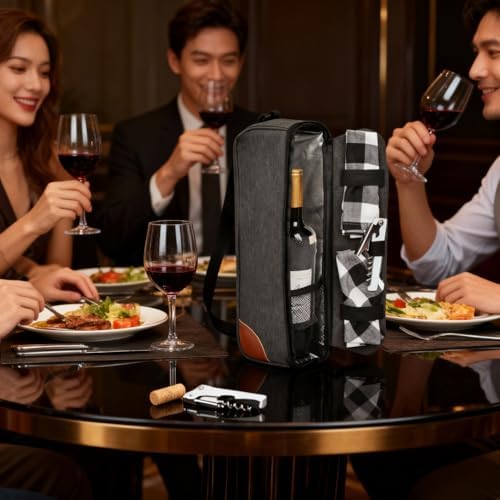 Wine Bag,Insulated Cooler Bag with Wine Glasses Steel Corkscrew Bottle
