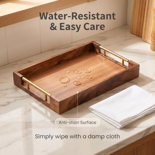 Walnut Wood Serving Tray with Metal Handles, Decorative Wooden Tray