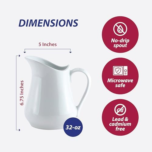 HIC Kitchen Creamer Pitcher With Handle, Fine Porcelain, 32-Ounce