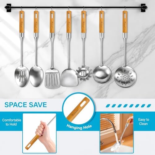 7-Piece Stainless Steel Utensil Set with Wooden Handle