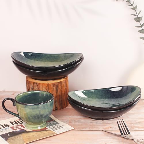 Ceramic Serving Platters Set of 4, 9.6 Inch Curved Oval Deep Salad Plates for Entertaining, Modern Kitchen Dishes, Trays for Dinner, Fruit, Salad, Pasta, burgers - Dishwasher Microwave Safe