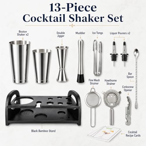 Semderm Cocktail Shaker Set, Weighted Boston Shaker Set with Bamboo