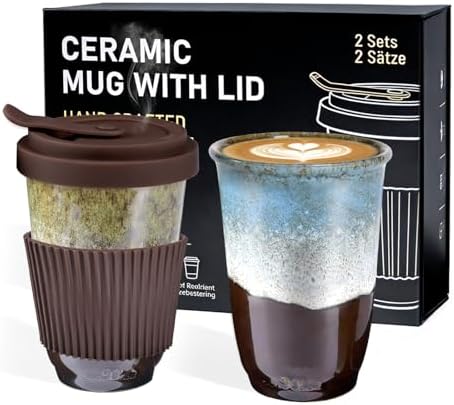 13oz Ceramic Coffee Mug with Lids 2 Sets, Travel Coffee Cup with Lids