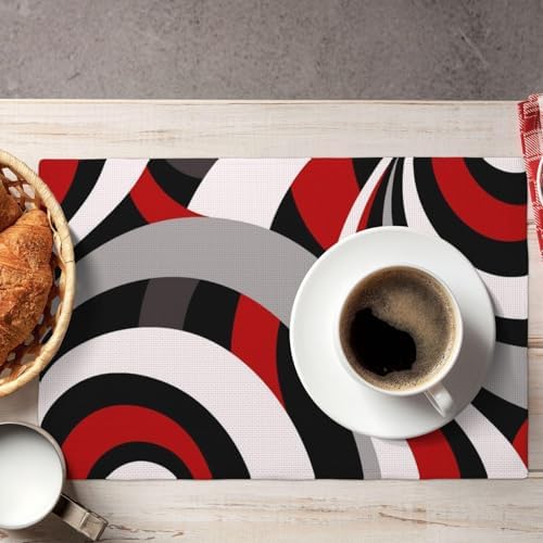 Black Red Retro Modern Swirl Linen Placemats Set of 4, Washable Heat