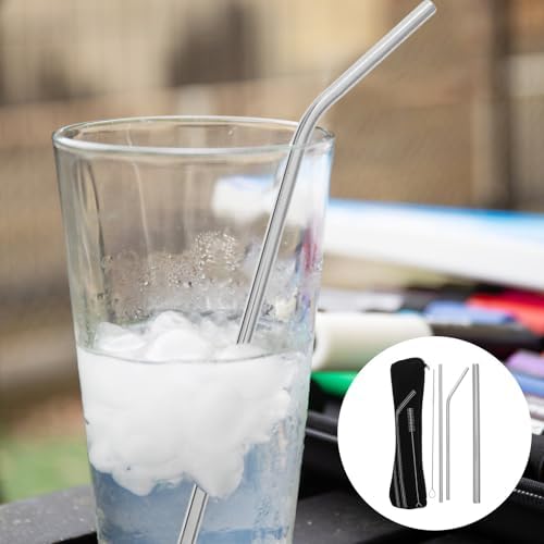Drinking Straws Set Wide Curved Metal Stainless Steel with Cleaning