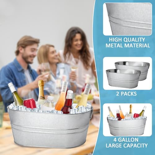 2 Pack 4 Gallon Galvanized Tub Ice Buckets for Parties Portable