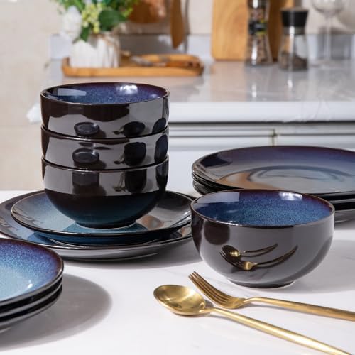 LeRatio Ceramic Dinnerware Sets for 4,12Pcs Porcelain Plates and Bowls