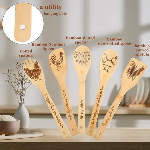 Chicken Wooden Spoons for Cooking, 5 PCS Engraved Kitchen Utensils Set