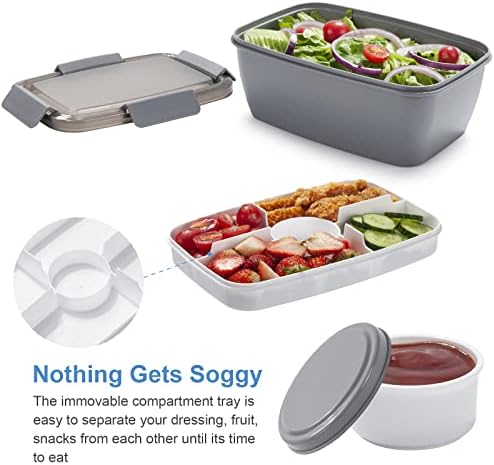 Freshmage Salad Lunch Container To Go, 68-oz Grey-XL, Leak-proof Lid