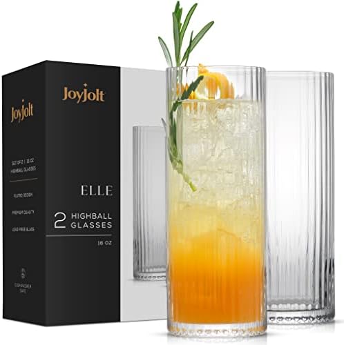 JoyJolt Elle 16oz Fluted Highball Glasses Set of 2, Ribbed Tall