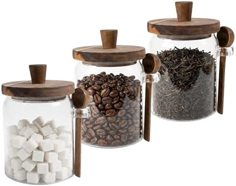 Set of 3 Glass Jars with Wooden Lids and Scoops, 31oz Coffee Food