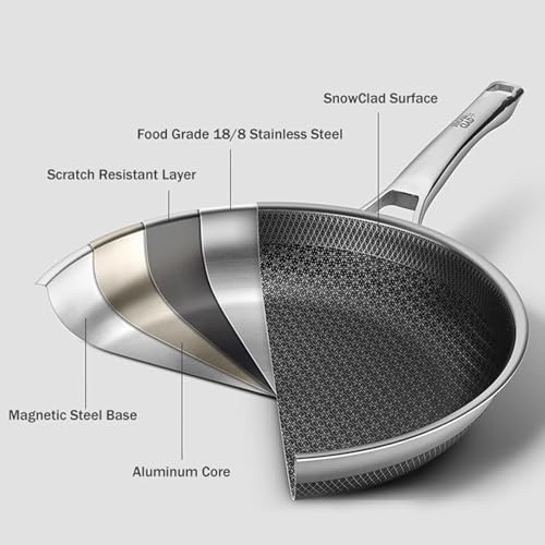 SNOWCLAD 3 Piece Hybrid Nonstick Pans Set, 8+10+12 Inch Nonstick Frying Pans Set, Stainless Steel Skillet, Dishwasher, Induction, Oven & Broiler Safe, PFOA Free Kitchen Cookware Set