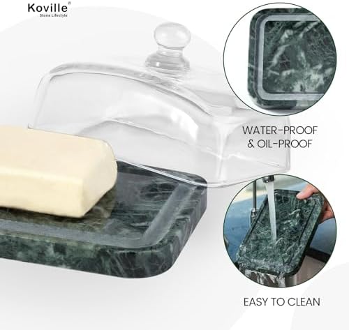 Koville Green Marble Butter Dish with Glass Lid for Countertop and