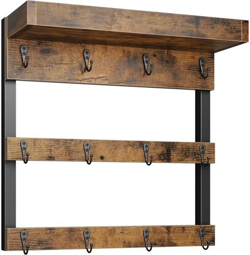 OROPY Coffee Mug Rack Wall Mounted, Rustic Wood Cups Rack, 12 Hooks &