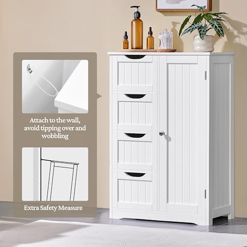 Yaheetech Small Bathroom Storage Cabinet with 4 Drawers & Door, White