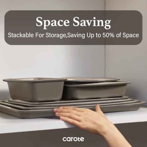 Carote 7Pieces Baking Pans Set Nonstick, Premium Carbon Steel Non Toxic Stackable Bakeware Sets for Kitchen, Scratch-Resistant, Oven Bake Sheets for Baking, Cake Pan, Roasting Pan, Muffin Pan, Brown