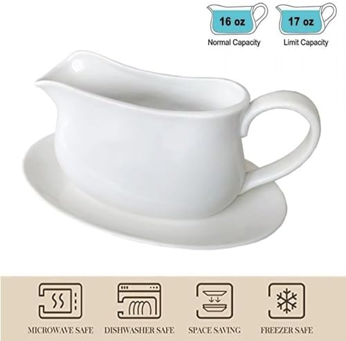 17oz Gravy Boat with Saucer Stand, Set of 1, Ceramic Sauce Boat with
