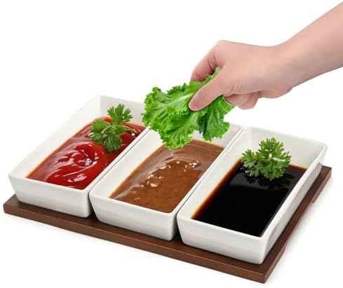 Elsjoy 3-Section Serving Tray, Wood Divided Serving Dish with Ceramic Bowls, 3-Compartment Food Platter Dipping Tray for Appetizer, Fruits, Bread